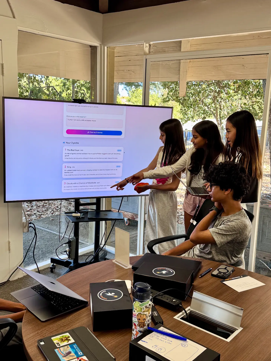 Students developing a prototype together around a table