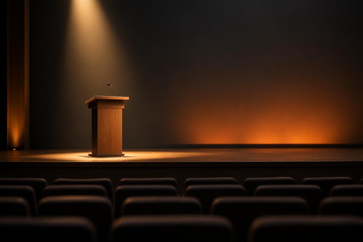 Empty demo day stage with a podium under a warm spotlight